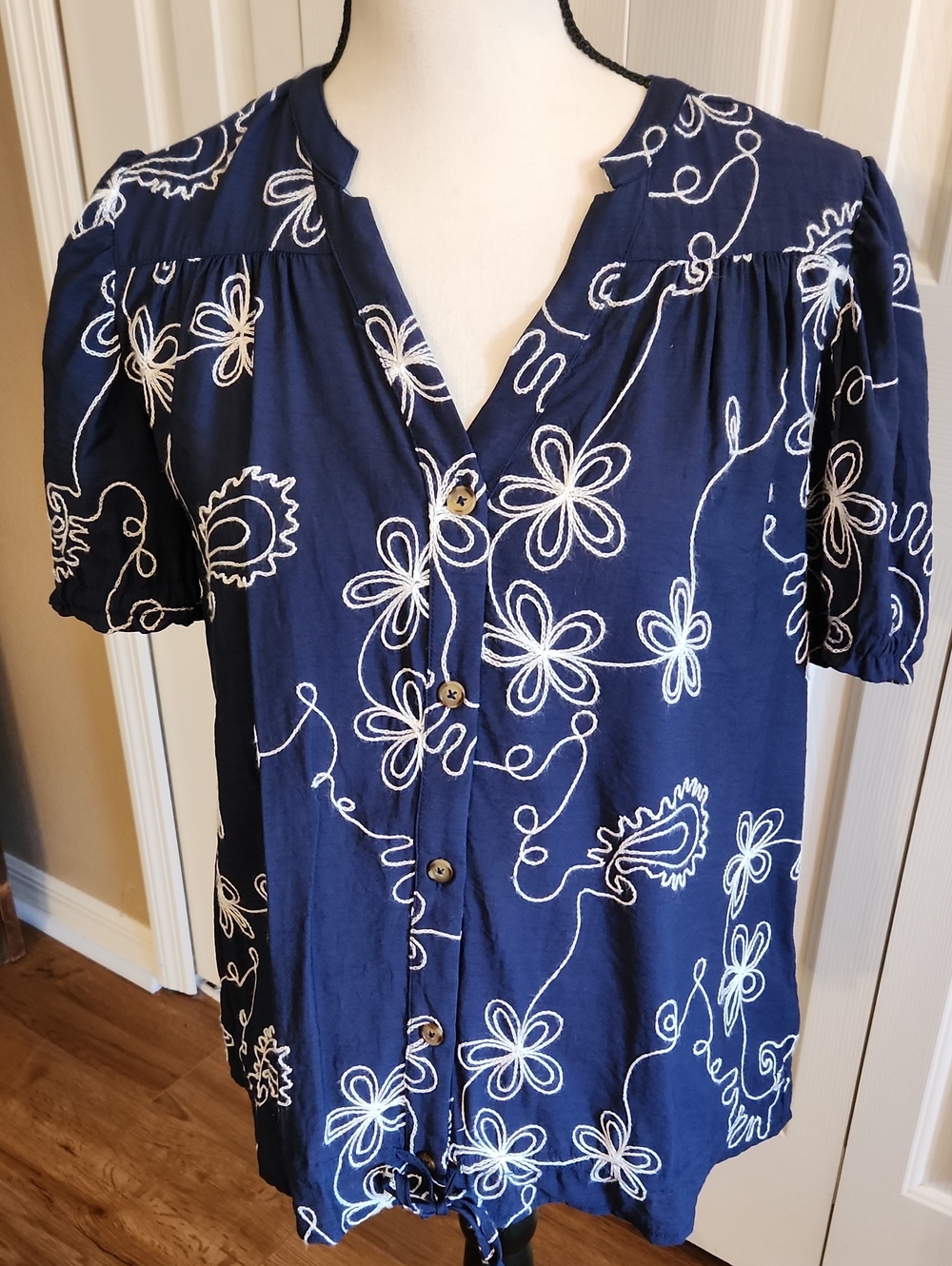 Christopher & Banks Navy Button-Front Floral Embroidered Top